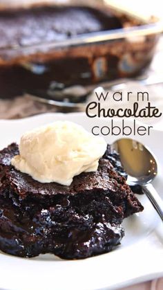 chocolate cobbler with vanilla ice cream on top and brownie in the background, ready to be eaten