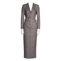 Fitted Formal Outerwear With Belt, Luxury Fitted Skirt Suit For Business, Tailored Winter Skirt Suit For Business, Winter Formal Skirt Suit With Pockets, Luxury Tailored Skirt Suit For Office, Wool Long Sleeve Skirt Suit For Work, Tailored Wool Skirt Suit For Work, Winter Wool Skirt Suit For Business, Wool Skirt Suit For Formal Fall Events