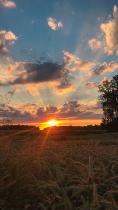 the sun is setting over an open field