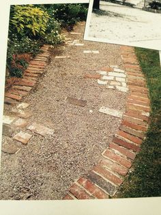 an old photo of a brick path in front of a house