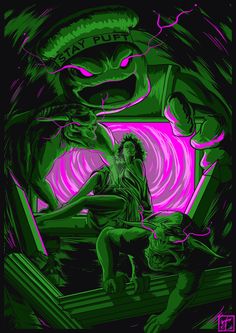 an image of a woman sitting in front of a purple and green background with monsters