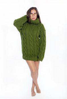 Green Cable Knit Jumper, Olive Colour Jumper, Custom Designed Sweater, Personal Pullover, Clothing for women, Hand Knits winter clothes #SexyGreenJumper #LooseFitSweater #HeavySweater #ChunkyWoolSweater #KnitPullover #BulkySweater #PureWoolSweater #ThickSweater #CableKnitJumper #TurtleneckSweater Winter Long Sleeve Chunky Knit Turtleneck, Winter Merino Wool Turtleneck, Winter Cable Knit Long Sleeve Turtleneck, Knitted Long Sleeve Acrylic Sweater Dress, Knitted Long Sleeve Sweater Dress In Acrylic, Cozy Cable Knit Long Sleeve Turtleneck, Cozy Long Sleeve Wool Sweater Dress, Long Sleeve Cable Knit Turtleneck For Cold Weather, Winter Wool Knitted Sweater Dress