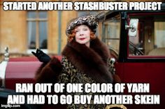 a woman in a fur coat and hat standing next to an old car with the caption, started another stashbuster project ran out of color of yarn and had to go buy another skin