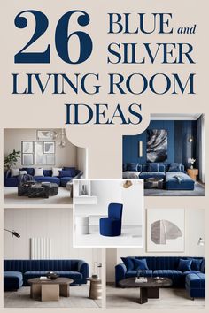 the blue and silver living room is featured in this ad for home decorating magazine