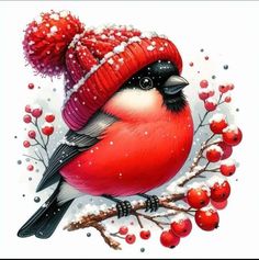 a painting of a bird wearing a red hat and sitting on a branch with berries