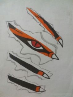 an orange and black pencil drawing of a bird's eye with two sharp knives