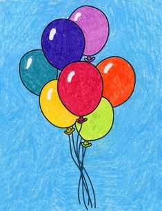 a drawing of a bunch of balloons floating in the air with colored crayons