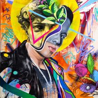 a painting of a man with colorful paint on his face