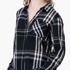 Lucky Brand Women's L Black Plaid Long Sleeve Button Shirt Top Blouse Nwt Trendy & Comfortable New With Tags Cozy Weekend Button Down Shirt Two Front Pockets Under Arm To Under Arm 21", Length 27". 55% Cotton 45% Viscose Machine Washable Imported Msrp: $69.50 Black Shirt With Placket For Fall, Black Buttoned Shirt For Daywear, Trendy Black Shirt For Daywear, Black Shirt With Shirttail Hem, Black Shirt With Buttons And Shirttail Hem, Black Blouse With Button Closure For Daywear, Black Tops With Buttons And Shirttail Hem, Black Blouse With Button Closure And Shirttail Hem, Black Tops With Snap Buttons