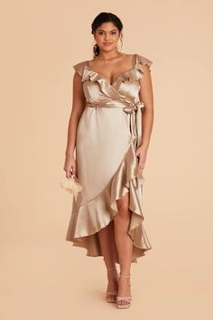 This satin midi bridesmaid dress, with its asymmetrical skirt and cascading ruffles is as romantic as it gets. Rose Gold Bridesmaid Dress, Mauve Bridesmaid Dress, Taupe Bridesmaid Dresses, Midi Bridesmaid Dress, Rose Bridesmaid Dresses, Champagne Bridesmaid Dresses, Gold Bridesmaid Dresses, Birdy Grey, Grey Bridesmaid Dresses