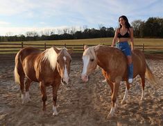 a woman riding on the back of a brown horse next to two white and tan horses