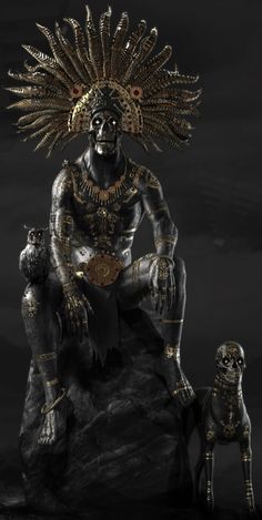 the statue is sitting on top of a rock with an elaborate headdress over it