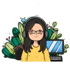 a woman wearing headphones and sitting in front of a laptop with plants behind her