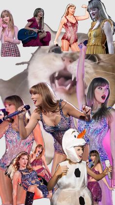 a collage of photos with women dressed in costumes and one woman holding a microphone