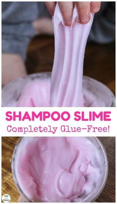 someone is pouring pink slime into a glass with the text, shampoo slime completely glue - free