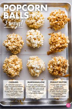 the ingredients for popcorn balls on a baking sheet with text overlay that reads, how to make popcorn balls 3 ways