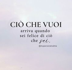 an airplane is flying in the sky with words above it that read, cio che vuoi arriva quando si felice di cio che sei