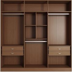 an open closet with two drawers and three shelves on each side, all in brown wood