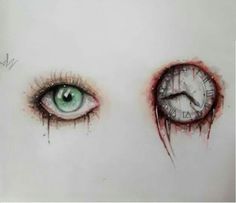 an eye with blood running down the side of it and a clock in the middle