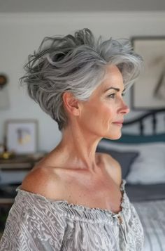 40 Gray Pixie Hairstyles for the Modern Chic Woman #shorthair Short And Cute Hairstyles, Grey Hair At 40 Short Hairstyles, Over 60 Grey Hairstyles For Women, Shaggy Pixie Hairstyles, Short Curly Hairstyles For Women Over 60, Grey Hair Short Styles, Grey Hair Haircut, Black And Silver Hair Short, Cool Gray Hair