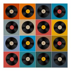 many different colored vinyl records arranged in squares on a white background with black and yellow circles