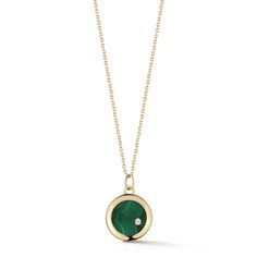 14kt Malachite Diamond Dot Coin Necklace When we think of an everyday necklace, this is it. Beautifully marbled malachite disc is set in a coin case and set with a bezeled diamond. Hangs magnificently from a 16" diamond cut chain with sparkles. This necklace is adjustable as it comes with a 2"in extension as well. Adore! 14kt Yellow Gold 2.50gm Gold 10mm Malachite 0.02ct Diamonds 16" + 2" ext Chain Lobster Lock Green Necklace With Coin Pendant, Luxury Round Malachite Jewelry, Luxury Malachite Jewelry, Gold Malachite Round Necklaces, Gold Malachite Round Necklace, Fine Jewelry Malachite Round Jewelry, Fine Jewelry With Round Malachite, Elegant Malachite Round Pendant Necklace, Elegant Round Malachite Jewelry