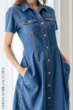 Olivia Mark - Chic Denim Midi Dress with Pocket Flap and Button Front Denim Midi Dress, Denim Chic, Olivia Mark, Midi Dress