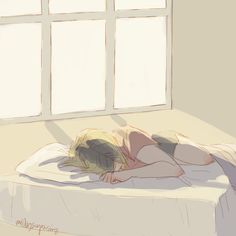 a drawing of a woman laying on a bed in front of a window with sunlight coming through the windows