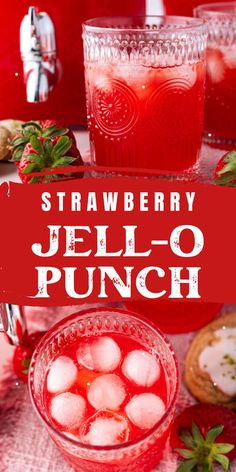 strawberry jello punch with strawberries in the background and text overlay that reads, strawberry jello punch