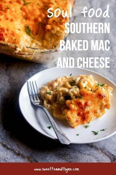 a white plate topped with macaroni and cheese next to a casserole dish