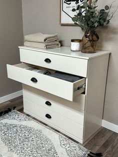 a white dresser with two drawers and a plant in the corner next to it on top of a rug