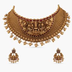 Deepti Antique Choker Set Elegant Gold Bridal Necklace For Rituals, Festive Temple Jewelry Bridal Choker Necklace, Bridal Choker Necklace With Intricate Design For Festive Occasions, Festive Temple Jewelry Bridal Choker, Festive Bridal Choker Necklace With Intricate Design, Festive Bridal Choker With Intricate Design, Festive Intricate Design Choker Necklace, Festival Intricate Choker Temple Necklace, Festival Temple Necklace With Intricate Design