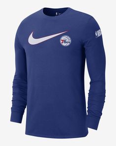 Nike and the 76ers. What more could you want? Show your love for the Philadelphia 76ers in this lightweight long-sleeve tee. Shown: Rush Blue Style: FQ6513-495 Nike Long Sleeve Fan Gear Top, Nike Long Sleeve Tops Team Spirit, Nike Long Sleeve Tops For Team Spirit, Nike Long Sleeve Tops With Team Spirit, Long Sleeve Tops With Team Logo For Sports Events, Nike Long Sleeve Tops For Sports Events, Long Sleeve Tops With Team Logo, Long Sleeve Tops With Team Logo For Fans, Fan Apparel Long Sleeve Tops With Team Logo