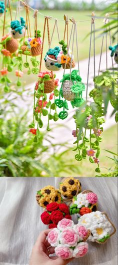 there are many different things hanging in the air with flowers on them, and one is made out of cupcakes