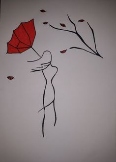 a drawing of a woman holding a red umbrella over her head, with leaves falling off the ground