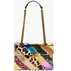 A Wild Patchwork Of Metallic And Printed Leather Enlivens A Signature Shoulder Bag To Give Your Look The Edge It Deserves. 8.2" X 5.5" X 2.75" Magnetic Flap Convertible Chain Shoulder Straps Leather Lined Imported Multicolor Leather Shoulder Bag With Chain Strap, Multicolor Leather Bag With Chain Strap, Luxury Multicolor Bag With Chain Strap, Luxury Multicolor Bags With Chain Strap, Chic Multicolor Bags With Gold-tone Hardware, Convertible Crossbody Bag, Gold Bag, Kurt Geiger, Small Crossbody Bag