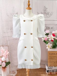 White Party Collar Short Sleeve Woven Fabric Plain Bodycon,Fitted Embellished Non-Stretch  Tween Girls Clothing Midi Flare Skirt, Short Puff Sleeve, Bubble Dress, Long Sleeve Casual Dress, Christmas Party Dress, Neck Bodycon Dress, Floral Jacket, White Party, Mid Length Dresses