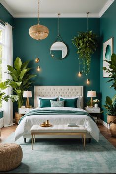 a bedroom with green walls and white bedding, potted plants on the wall