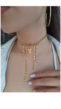 Lenght of the necklace: 29 cm + 10 cm extra adjustable length Choker Pearl Necklace, Letter Necklace Gold, Choker Pearl, Necklace Initial, Gold Choker, Necklace Choker, Choker Necklaces, Letter Necklace, Initial Necklace