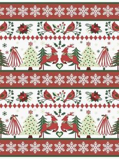 a red and white christmas pattern with deers, trees and snowflakes on it