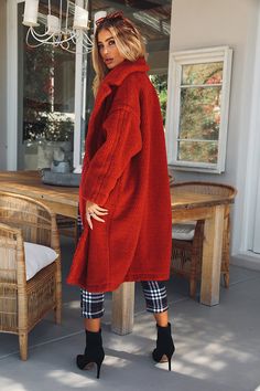 Red coat. Lined. Cold hand wash only. Model is a standard XS and is wearing O/S. True to size. Non stretchy fabric. No zipper. button up style. Polyester. Teddy's are such a vibe and we're taking them to the next level with the No Stopping You Coat! This style has oversized lapels. a button front closure and two pockets so you can keep your handbag at home. We love wearing ours with a beige heel and light denim jeans! Trendy Red Outerwear With Button Closure, Red Oversized Long Coat Outerwear, Trendy Oversized Red Outerwear, Casual Red Solid Color Outerwear, Cozy Red Outerwear For Fall, Red Oversized Outerwear For Fall, Trendy Red Outerwear For Fall, Button Up Style, Light Denim Jeans