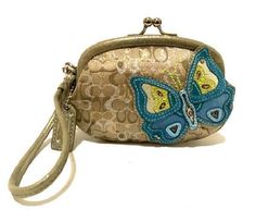 NWT COACH LTD ED LUREX GOLD SIG C BUTTERFLY APPLIQUE FRAMED COIN PURSE WRISTLET Leather Applique, Collage Pics, Butterfly Applique, Birthday Wishlist, Purse Clutch, Lady Bug, Dream Wardrobe, Coach Handbags, Coach Bags