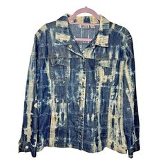 "Chicos Designs Size 2 equals to US size L/12 Vintage 90s trucker style denim jacket with frayed pattern and bleach tye dye distressed look. Underarm to underarm 22\" Length from top of shoulder to bottom 25.5\" Sleeve length from shoulder seam to cuff 22.5" Acid Wash Grunge Outerwear For Spring, Faded Grunge Outerwear For Spring, Faded Grunge Spring Outerwear, Acid Wash Grunge Denim Jacket For Fall, 90s Style Washed Denim Jacket For Spring, Casual Acid Wash Denim Jacket For Summer, Trendy Bleached Denim Jacket For Fall, Acid Wash Denim Jacket With Frayed Hem For Fall, Acid Wash Distressed Denim Jacket For Fall