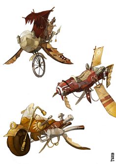 three different types of flying objects on a white background, each with an upside down propeller