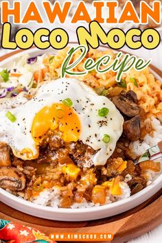 Plate of Loco Moco with egg, rice, mushrooms, and green onions. Spicy Beef Stir Fry, Culinary Dishes, Hamburger Recipe, Juicy Hamburgers, Serving Ideas, Hearty Beef Stew, Crock Pot Desserts, Crockpot Breakfast, Spicy Beef