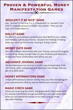 There are some games that will help you manifesting money and abundance.

Read the pin more carefully to know about these games and use them as manifestation tool. Saving Methods, Money And Abundance, Abundance Money, Tarot Guidebook, Money Prayer, Money Saving Methods, Wealth Abundance, Spell Books, Luck Spells