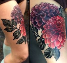 two women with tattoos on their legs, one has flowers and the other has leaves