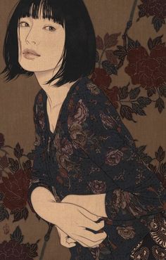 a painting of a woman with black hair and flowers on the wall behind her is an umbrella