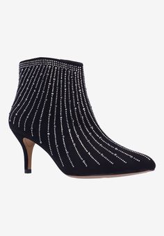 This fall/winter women's fabric/rhinestones pointy toe bootie has a memory foam+latex insole and synthetic lining and comes in sizes M 5-11 12 13 W 7-11 12 13. This bootie has a shaft circumference of 11.25 inches and shaft height of 4.5 inches with a zipper closure on a 2.5 inch heel.Fabric/Rhinestones UpperSynthetic LiningSynthetic Footbed2.5" Heel height4.5" Shaft heightBootie available in sizes 5-11,12,13M-7-11,12,13W | Women's Alannis Bootie by J. Renee in Black (Size 6 M) Wedge Dress Shoes, Pointy Toe Boots, Swim Leggings, Wide Width Shoes, High Waisted Swim, Swimsuits For All, 5 Inch Heels, Pajama Bottoms, Tie Shoes