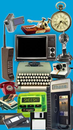 a collage of various electronic devices, including an old typewriter and other items